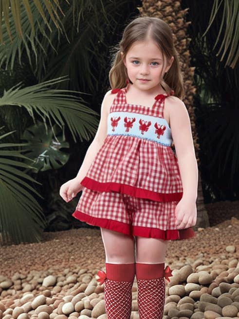 Conjunto corto con volantes y bordado de langosta en vichy rojo para venta al por mayor de Hello Bebes!