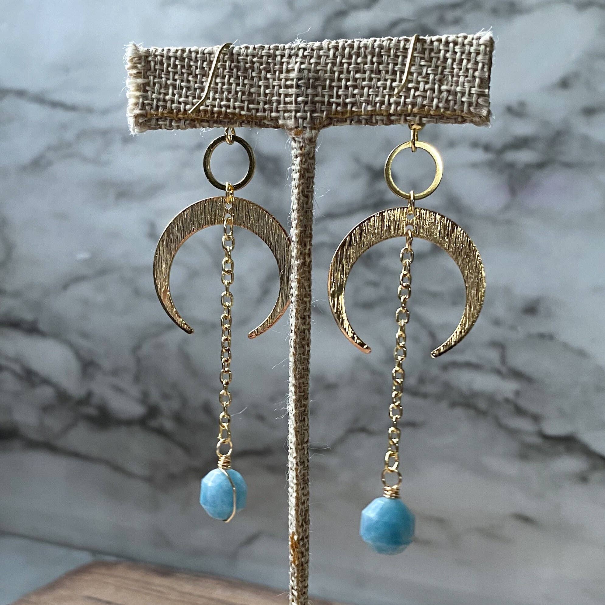 Moonchild Society – Brincos de argola por atacado – Brincos pendentes de lua crescente de ouro ou prata +água-marinha - joia de cristal bruxa celestial7