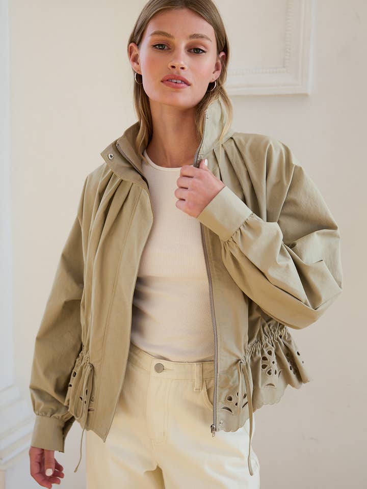 Pleated High-Neck Eyelet Scallop Jacket - RJ1134 for wholesale by RAISONNEL