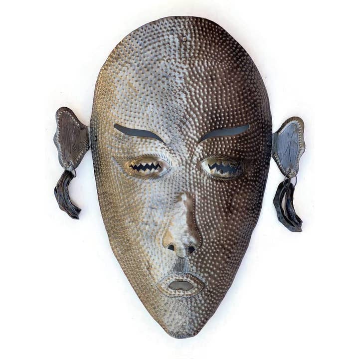 Tiki Bar Mask, Haiti Metal Wall Art 19.5" x 12" x 2.5" for wholesale by Haiti Fair Trade~ It's Cactus