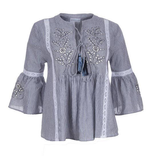 Stylish Shirley & ESJAYMENSWEAR - Wholesale Blouse - Women's - Ladies light weight, Pinstripe Embroidered Lace Peasant top. Style#6037/262-navy/white0