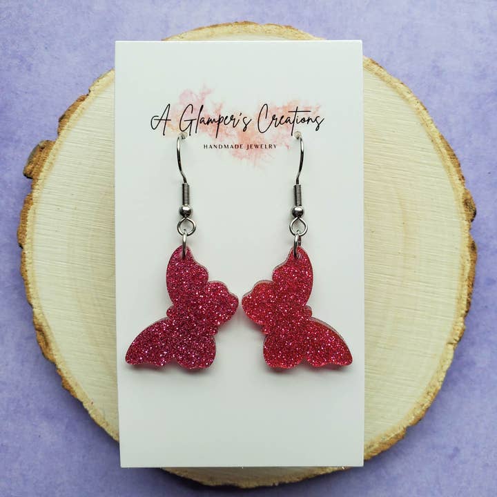 Pink Glitter Acrylic Butterflies Earrings for wholesale by A Glamper's Creations LLC