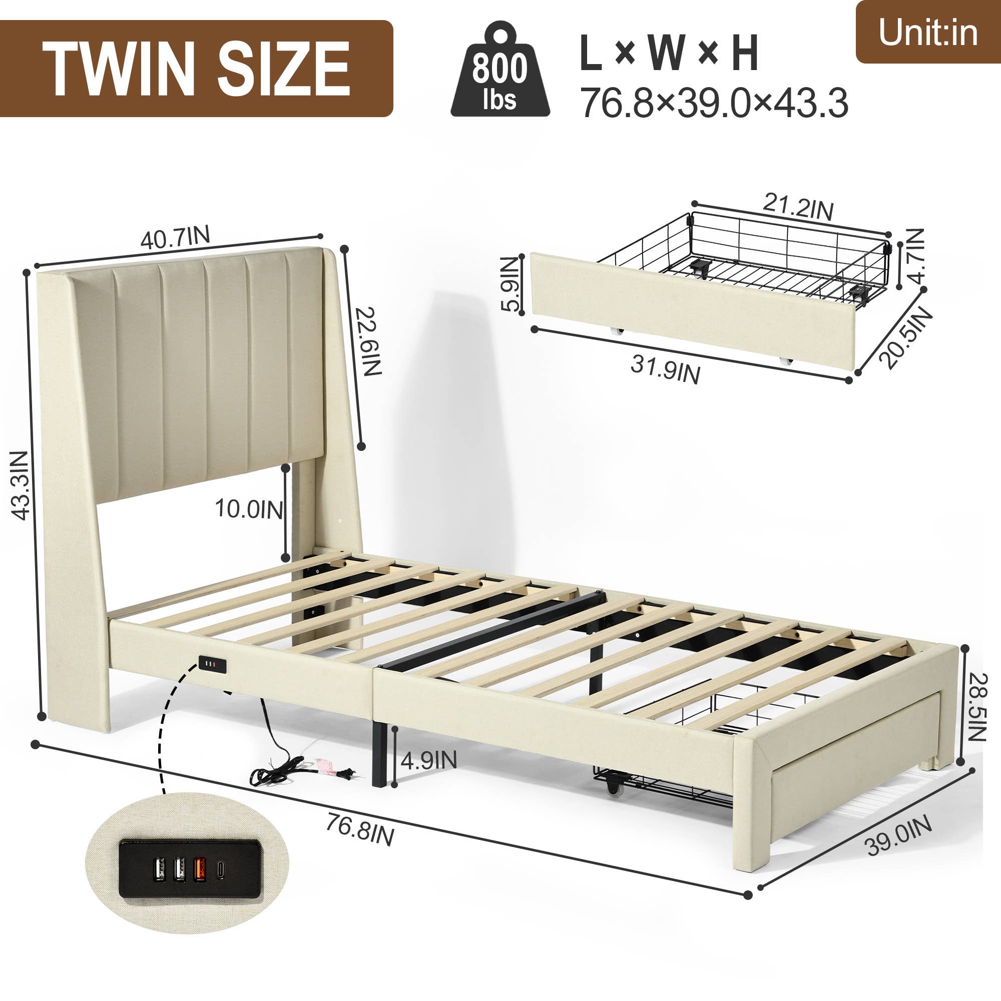 HOMYCASA DESIGN INC - Wholesale Bed - Twin Upholstered Storage Bed Frame with USB Ports - Beige4