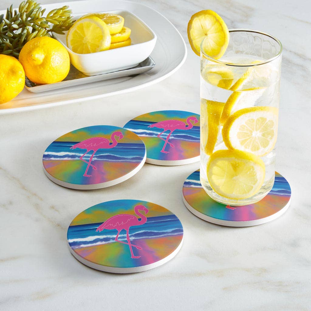 Love Local - Wholesale Coasters - Florida Pink Flamingo Icon| Absorbent Coasters | Set of 4 | Min 21