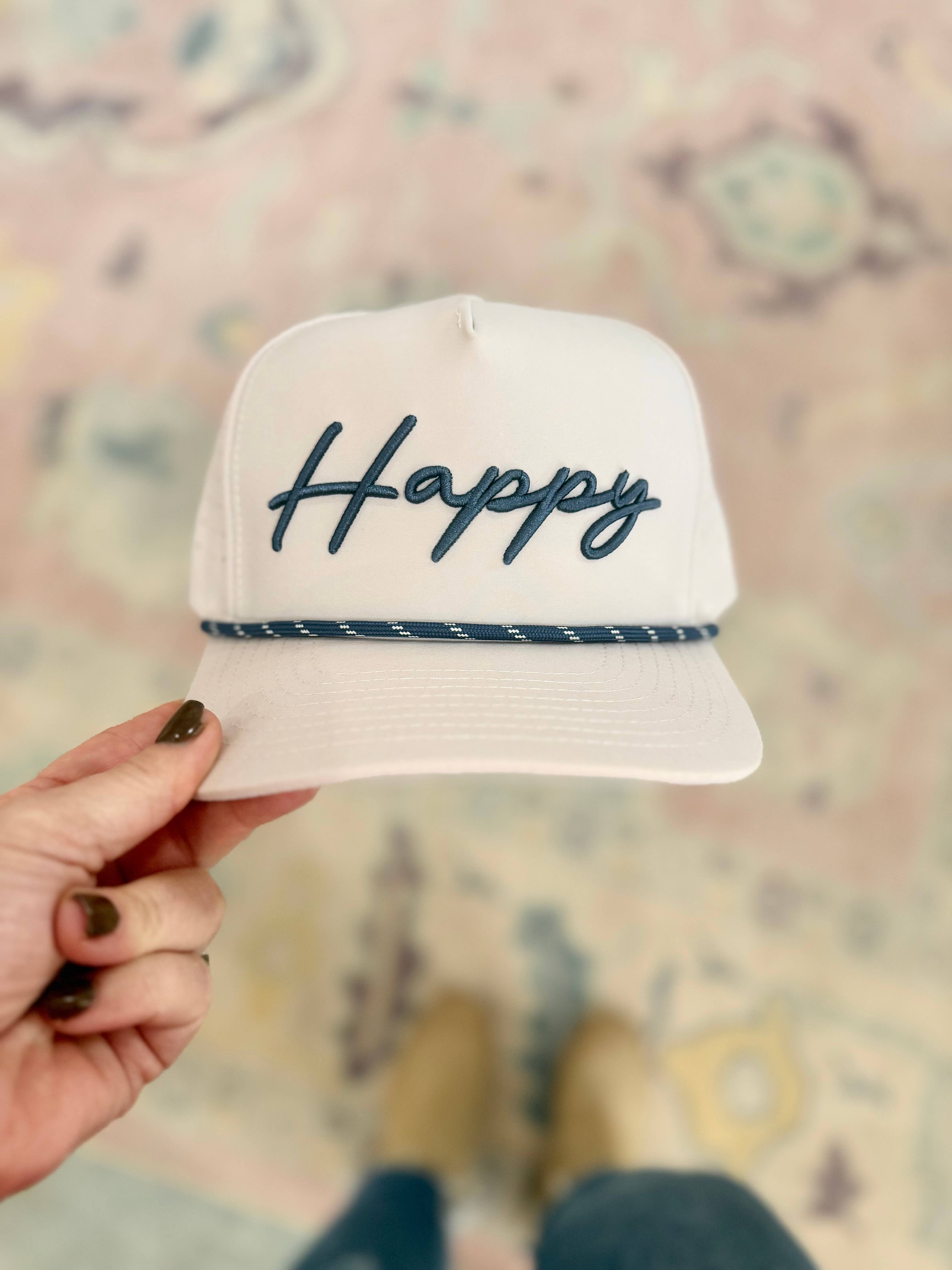 Happy By Rachel, LLC - Wholesale Trucker Hat - Women's - Happy Embroidered Rope Hat, Khaki
