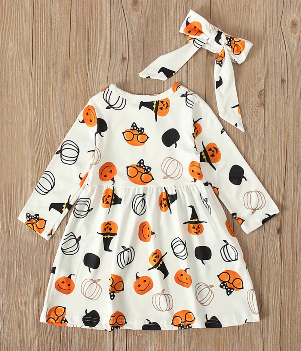 Fennco Styles - Wholesale Dress - Baby - Baby Girl Witch Pumpkin Print Cotton White Dress & Headband1