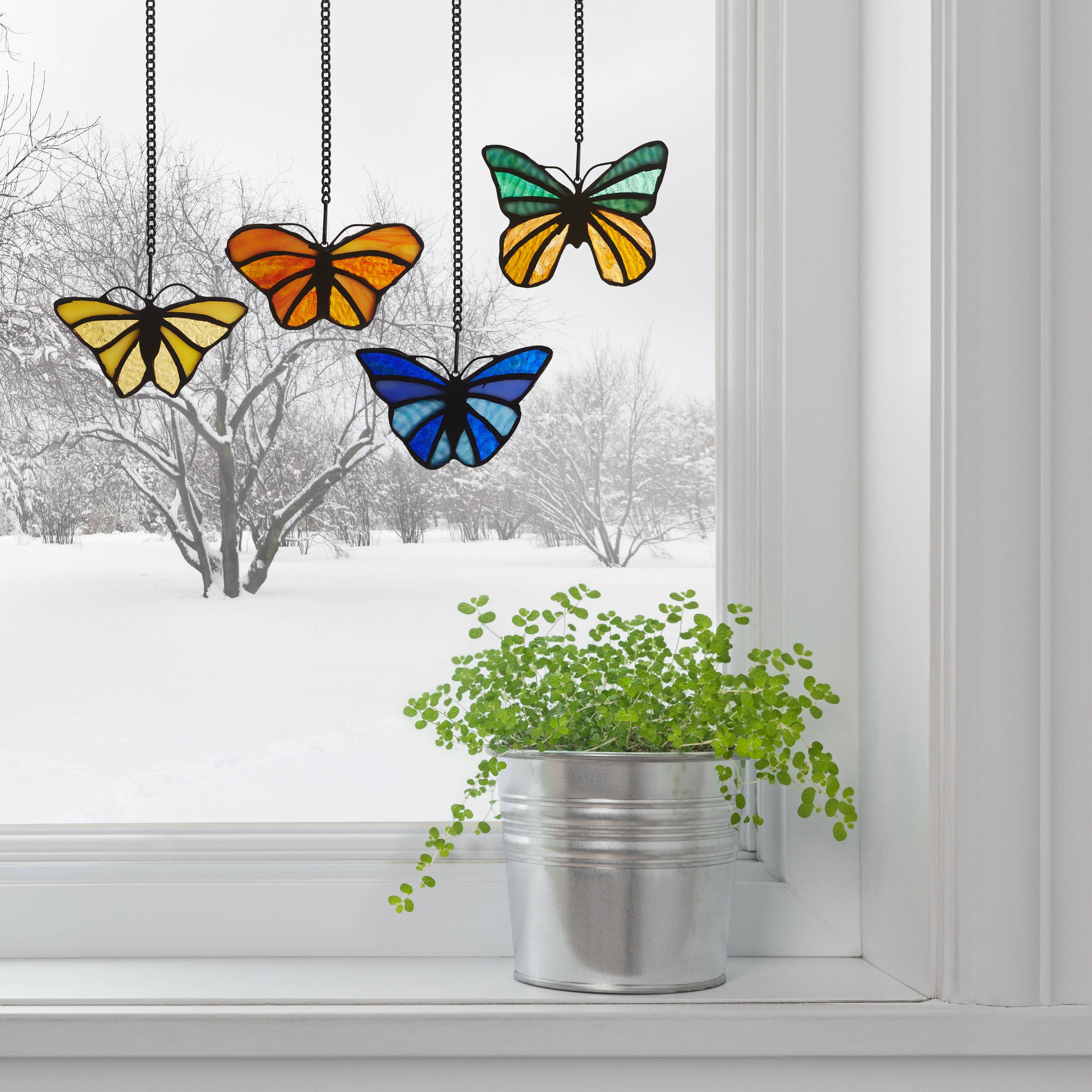 River of Goods - Wholesale Suncatcher - 3.2"H Butterfly Kaleidoscope Stained Glass Window Panel Set4