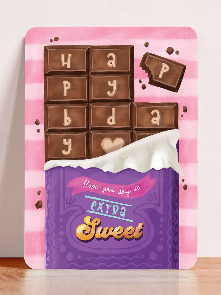 Kort fødselsdag lykønskning chokolade slik postkort for engroshandel hos Aniet Illustration