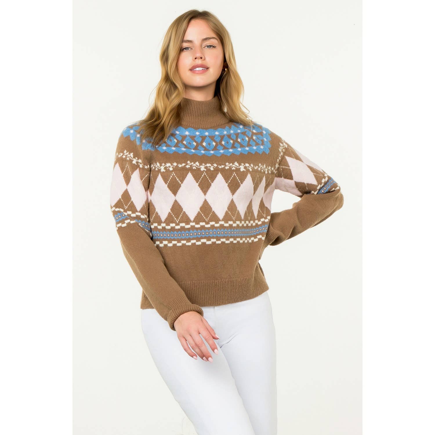 BROWN Argyle Fair Isle Mock Neck Sweater for wholesale on Faire8