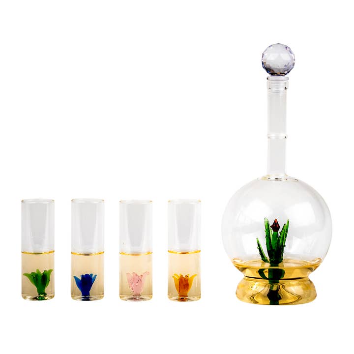 The Wine Savant / Khen Glassware - Wholesale Decanter - Tequila Aloe Decanter With Agave Plant & 4 Shot Glasses Set