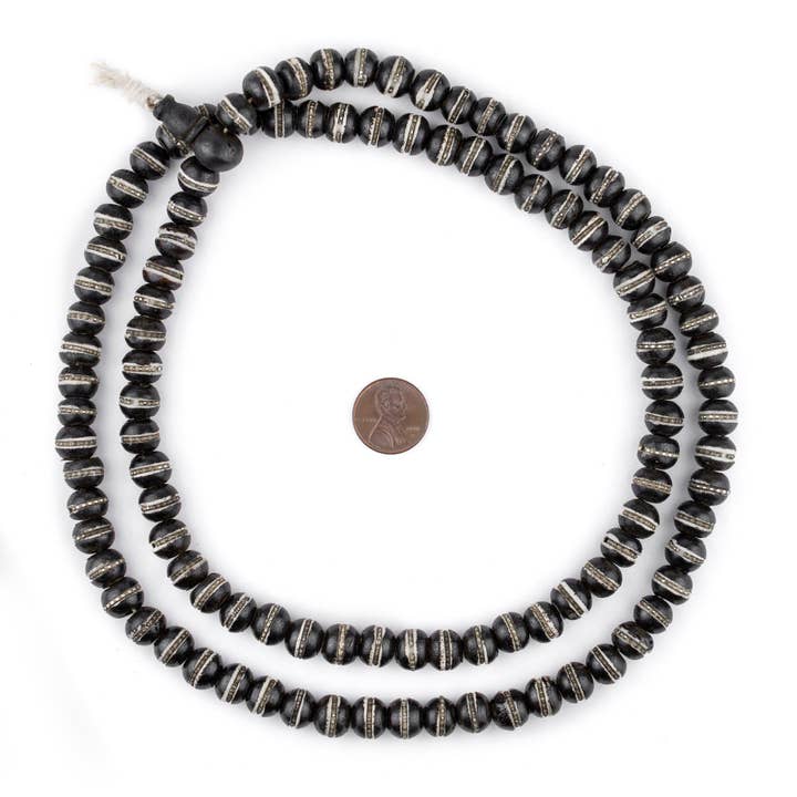 10mm Silver-Inlaid Black Bone Mala Beads for wholesale by The Bead Chest