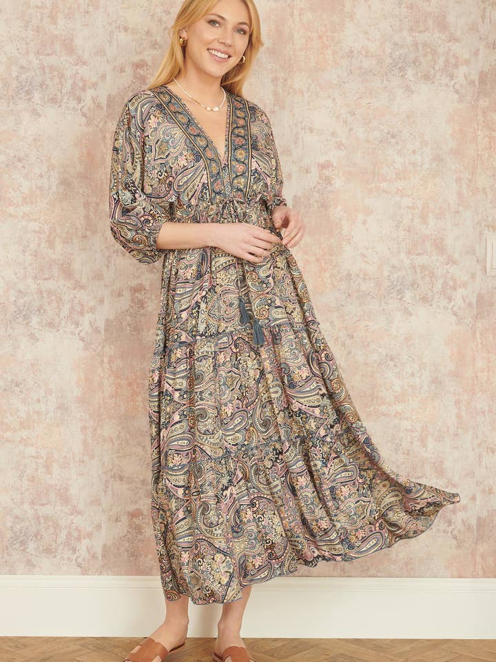 Yumi Multicolour Paisley Print Midi Kimono Dress With Tie Back for wholesale by Yumi