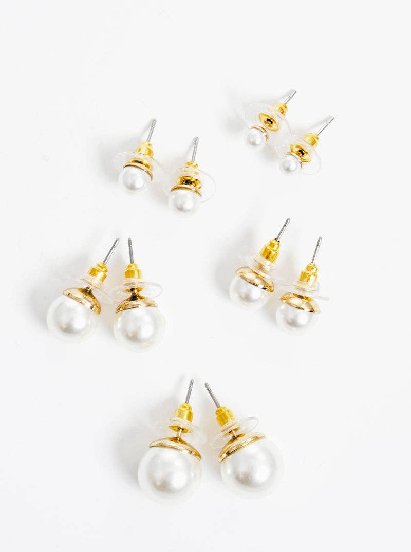 Wild Honey - Wholesale Jewelry Set - 4 To 12mm Set Of 5 Glass Pearl Post Stud Earrings0