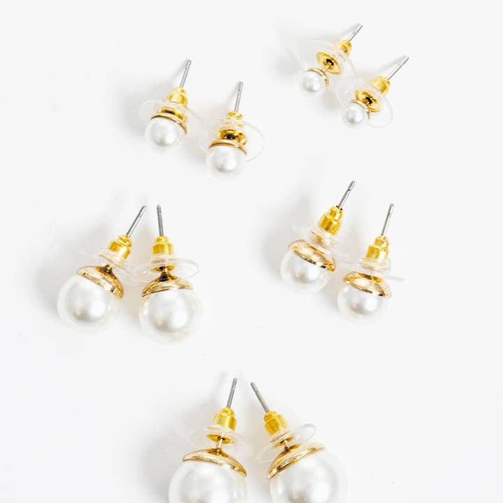 Wild Honey - Wholesale Jewelry Set - 4 To 12mm Set Of 5 Glass Pearl Post Stud Earrings