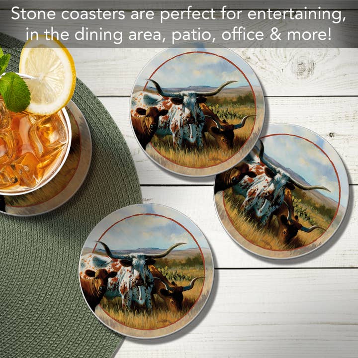 CounterArt/Highland Home/Thirstystone - Wholesale Coasters - Thirstystone "Longhorns" Round Absorbent Stone Coaster 4pk6