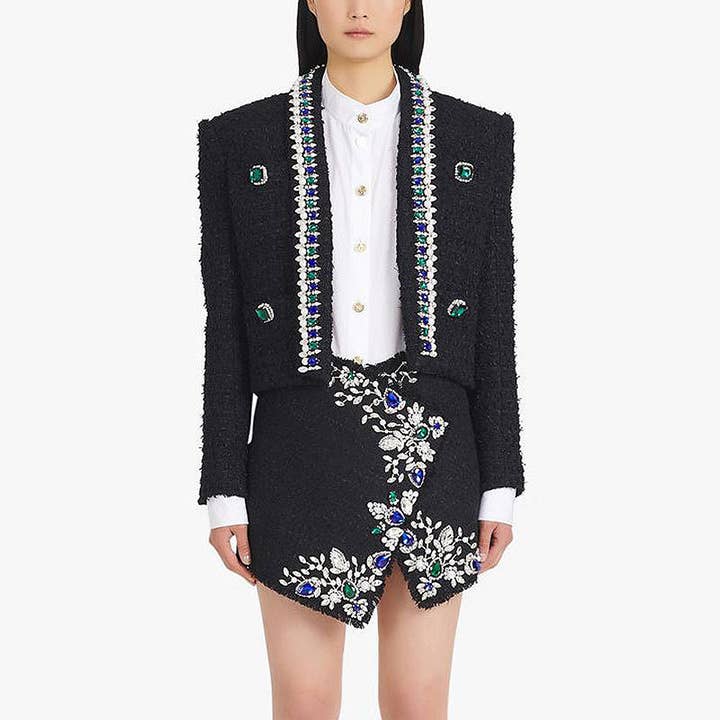 M84 Luxury Hand-Beaded Black Jacket and Skirt Ensemble for wholesale by Sanyao Fashion
