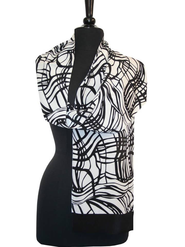 Black and White Crepe Scarf - Swirl for wholesale by Kavita