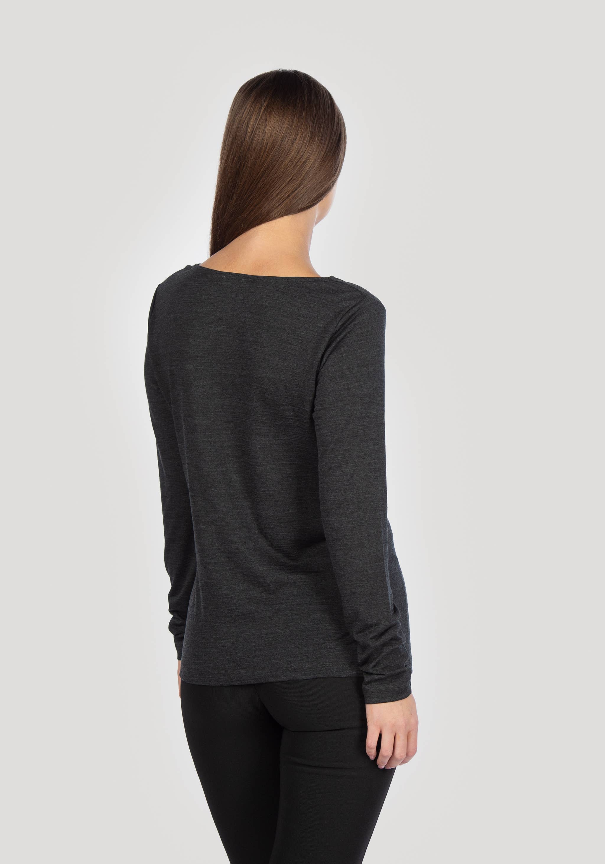 Pure Black Women's Merino & Silk Cowl Neck Shirt for wholesale on Faire1