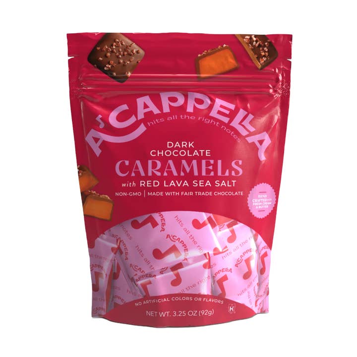Dark Chocolate Caramels with Red Lava Sea Salt for wholesale by A'ccapella Chocolate