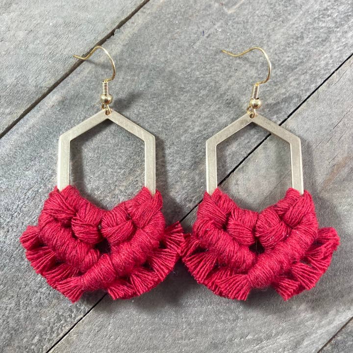 Geometric Fringe Earrings - Red for wholesale by HK Macrame Jewelry