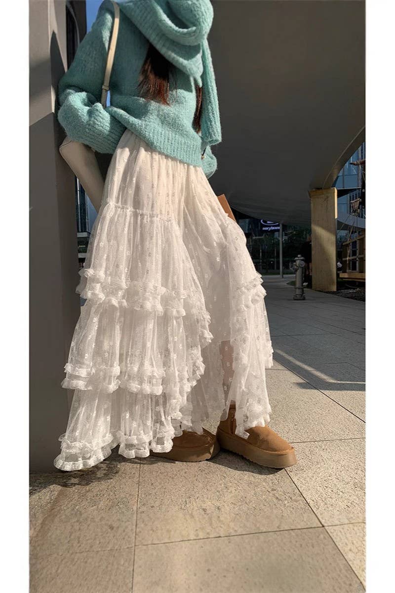 NINEXIS - Wholesale Skirt - Women's - CWBLS00714_2025 FLORAL MESH RUFFLE IRREGULAR MAXI SKIRT7