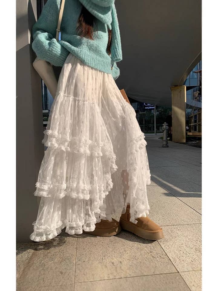 NINEXIS - Wholesale Skirt - Women's - CWBLS00714_2025 FLORAL MESH RUFFLE IRREGULAR MAXI SKIRT8