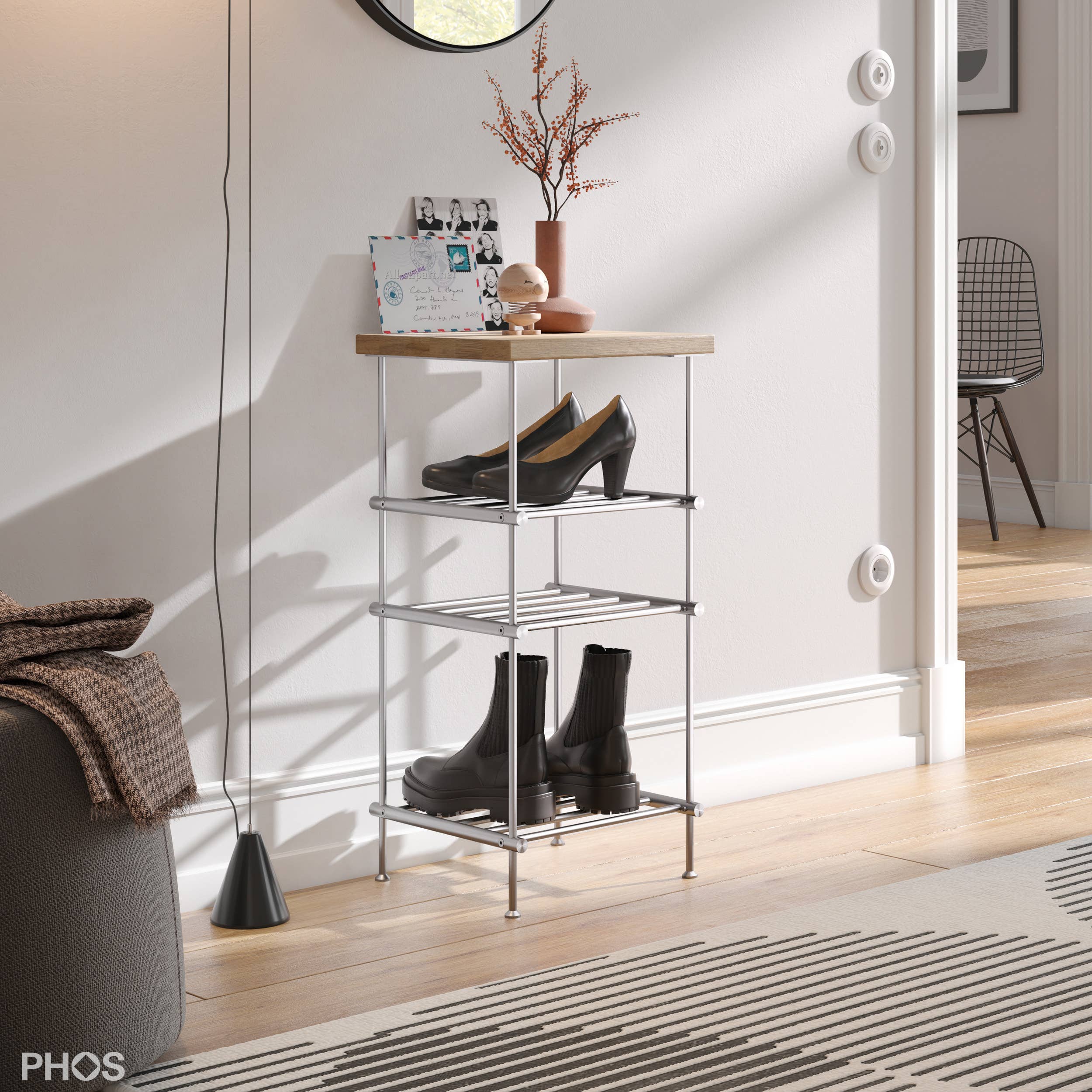 PHOS Design GmbH - Wholesale Shoe Rack - Stainless steel narrow shoe racks with oak wood rack1