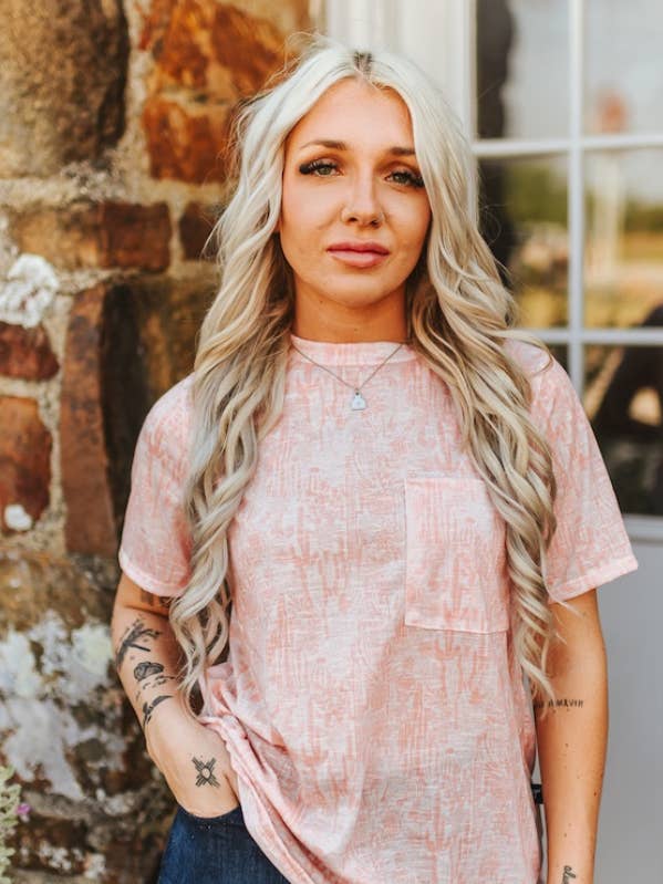 LUCKY & BLESSED - Wholesale T-shirt – women's - Pink Western Printed Short Sleeve Front Pocket Tee0