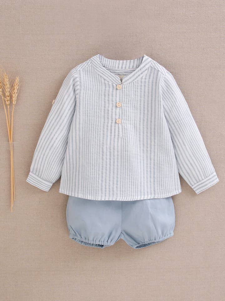 Dadati - Wholesale Top & Short Set - Baby - Baby boy set of blue striped shirt and shorts