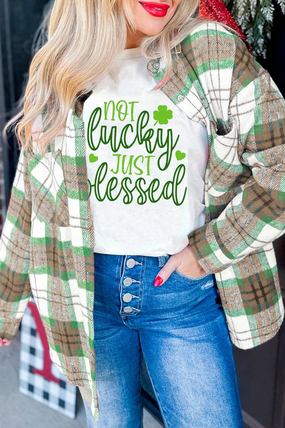 Suhkasana – Engroshandel Skjortejakke/shacket – til kvinder – St. Patrick’s Day ternet knap-ned flannel shacket