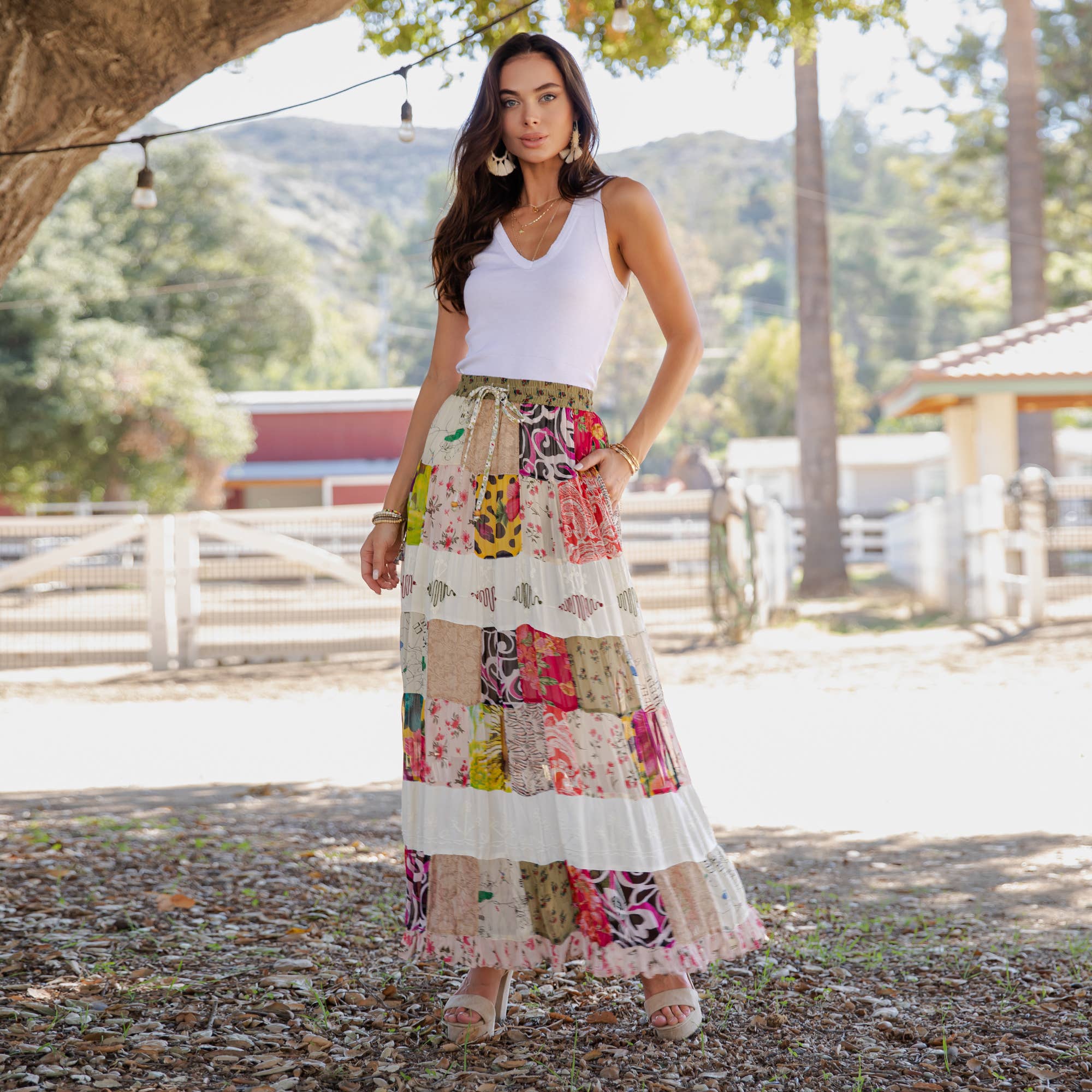 Young Threads - Wholesale Skirt - Women's - Artisan Boho Mixed Print Tiered Patchwork Maxi Skirt (NEW)14