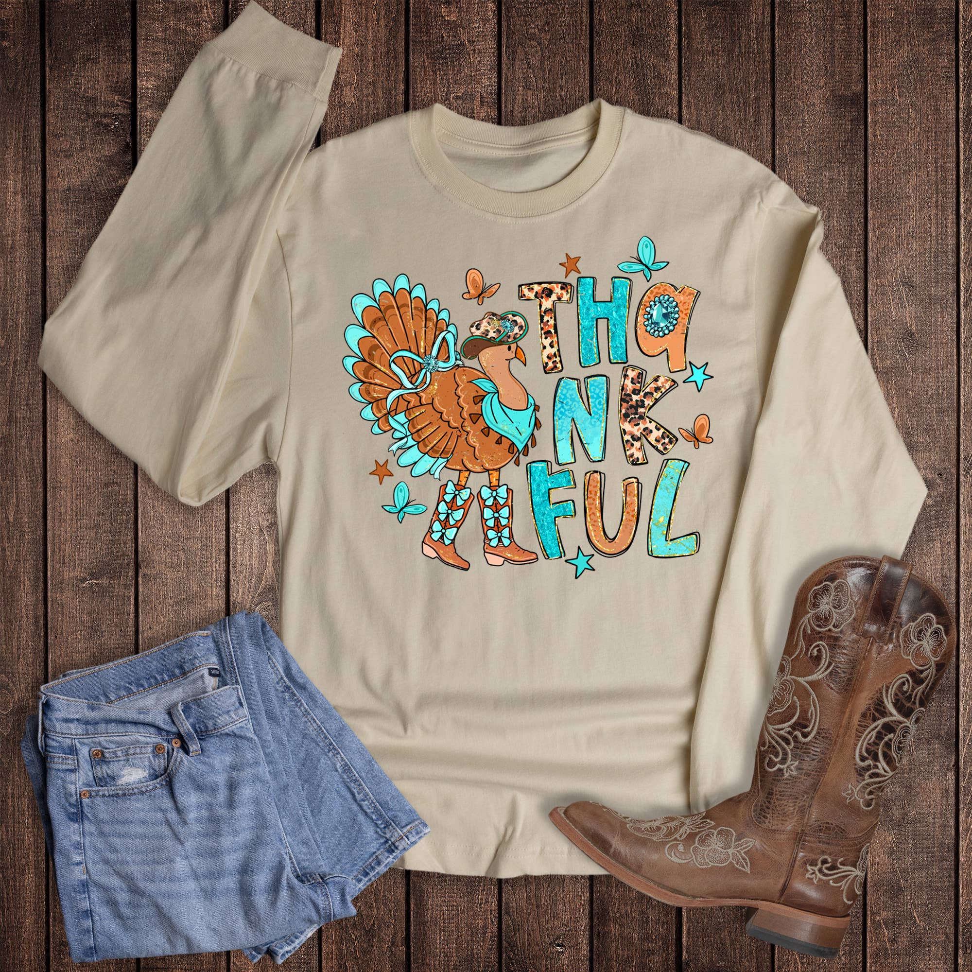 Natural Western Thanksgiving Turkey In Boots Thank  Long Sleeve Tee for wholesale on Faire0
