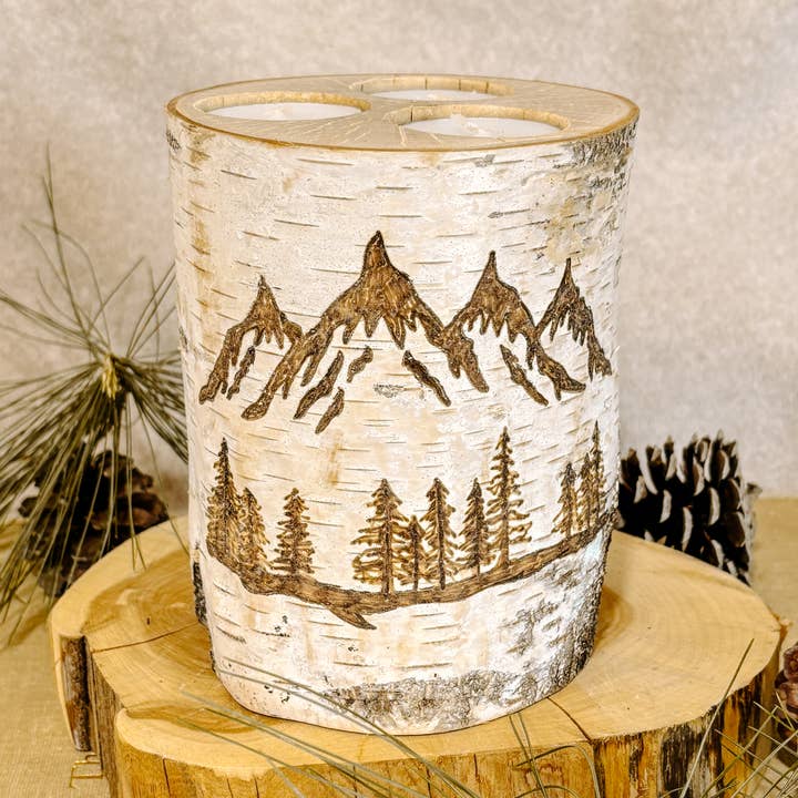 Handcrafted XL Birch Wood Candle Holder - Mountain Scenery for wholesale by JV Country Creations