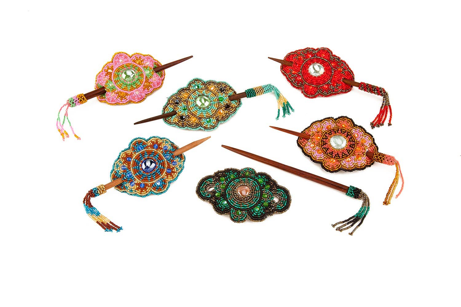 Pichincha - Wholesale Barrette - Women's - Large Beaded Mandala Barrette Seed Bead Fringe Hair Stick1