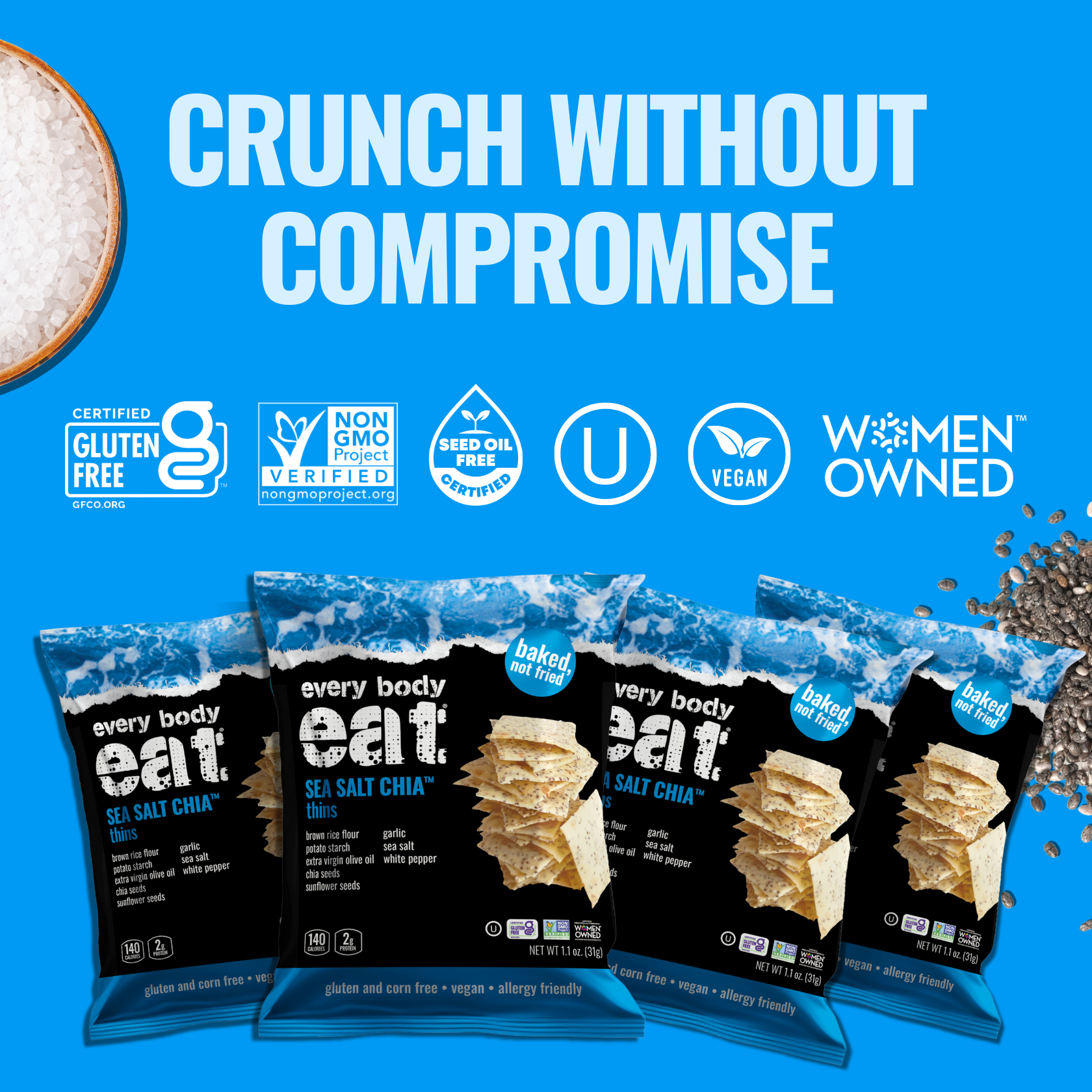 Every Body Eat® - Vente Biscuit salé - Sel de mer Chia Snack Thins 1.1oz3