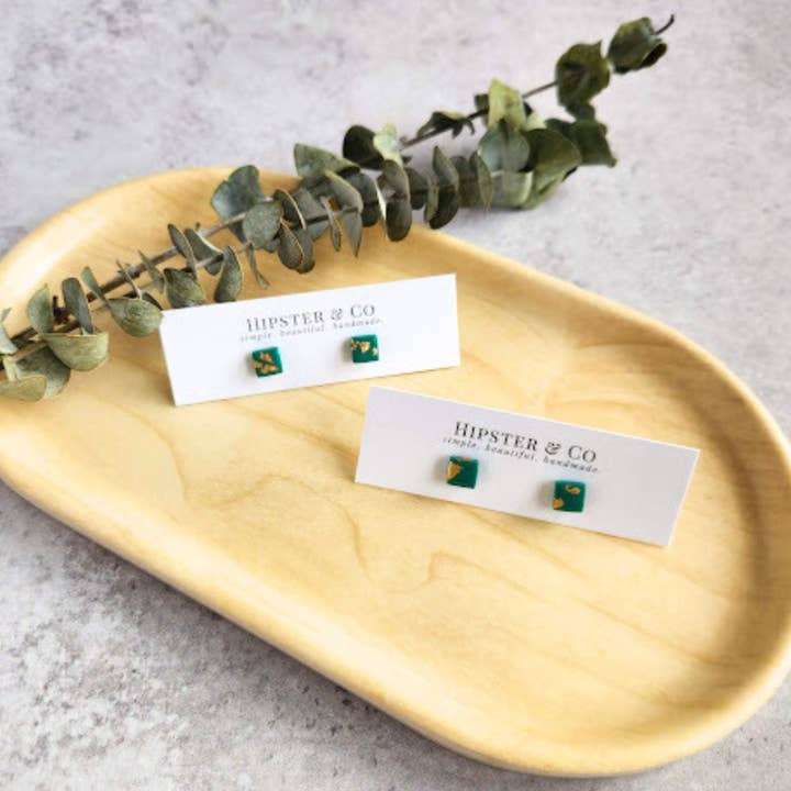 Jade Green and Gold Square Stud Earrings for wholesale by Hipster & Co