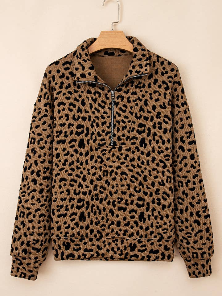 Brown Leopard Print Quarter Zip Sweatshirt for wholesale on Faire4