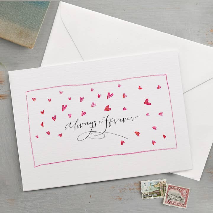 'Always & Forever' Romantic Red Hearts Love Card for wholesale by Gabrielle Solly Illustration