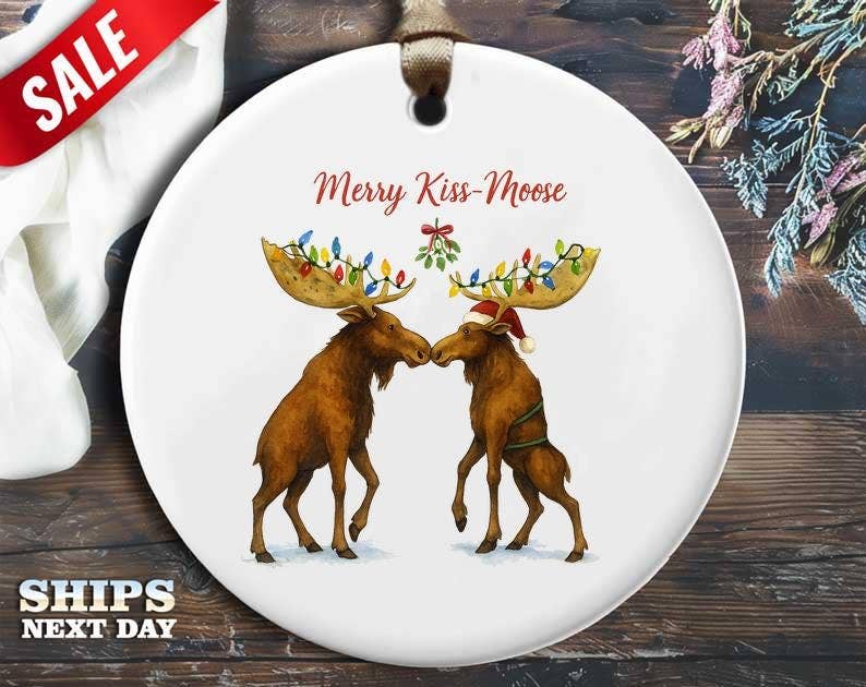 VenusArtsShop - Wholesale Ornament - Funny Christmas Ornament - Merry Kiss Moose Under Mistletoe