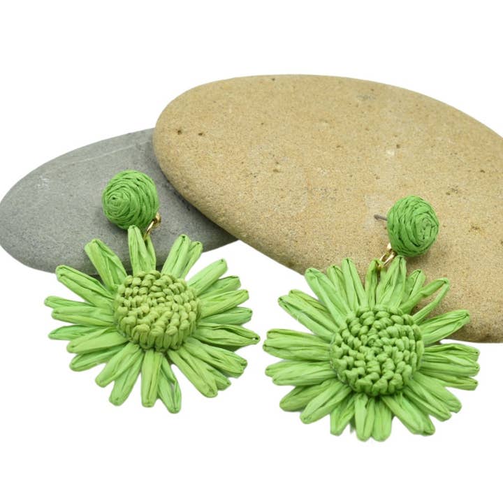 Taylor Hill Scarves & Co - Wholesale Stud/post earrings - THSE1101: Emerald Green: Raffia Flower Earrings2