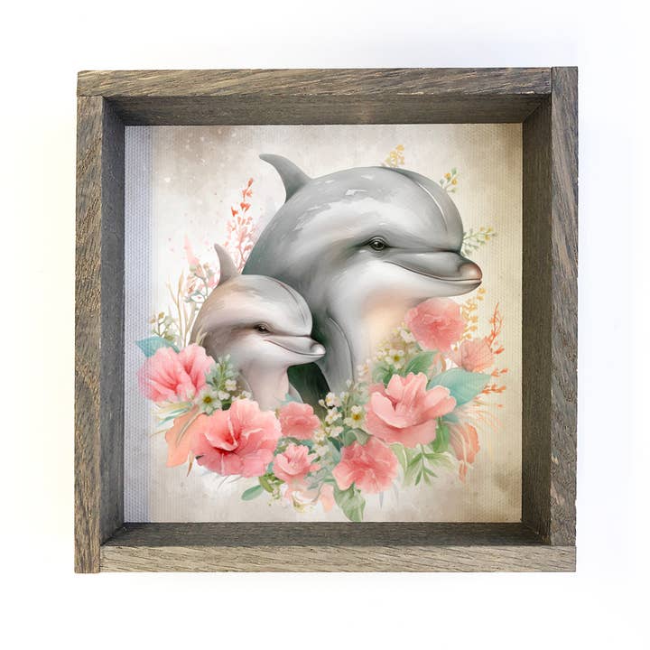 Mother Baby Dolphin Aquarela - Arte em Tela de Golfinhos - Emoldurado por atacado de Hangout Home