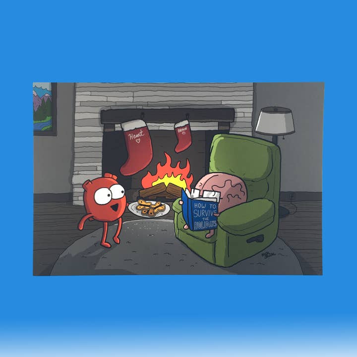 Miniimpresión «Corazón y cerebro junto a la chimenea» para venta al por mayor de The Awkward Yeti