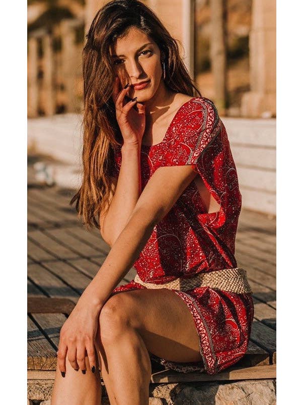 Miss Kitsch – wholesale Dress – Women's – Red Short Dress, Boho Dress, Summer Dress, Beach Dress, Resort Wear, Blouse Dress, Holiday Dress, Short Dress with Sleeve Corfu Dress4