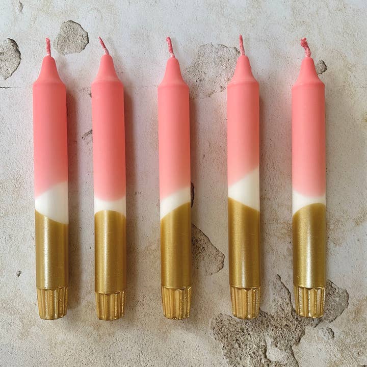Colourful ‘Golden Rose’ Hand Dipped Candles Pink & Gold for wholesale by Florrie and Wren