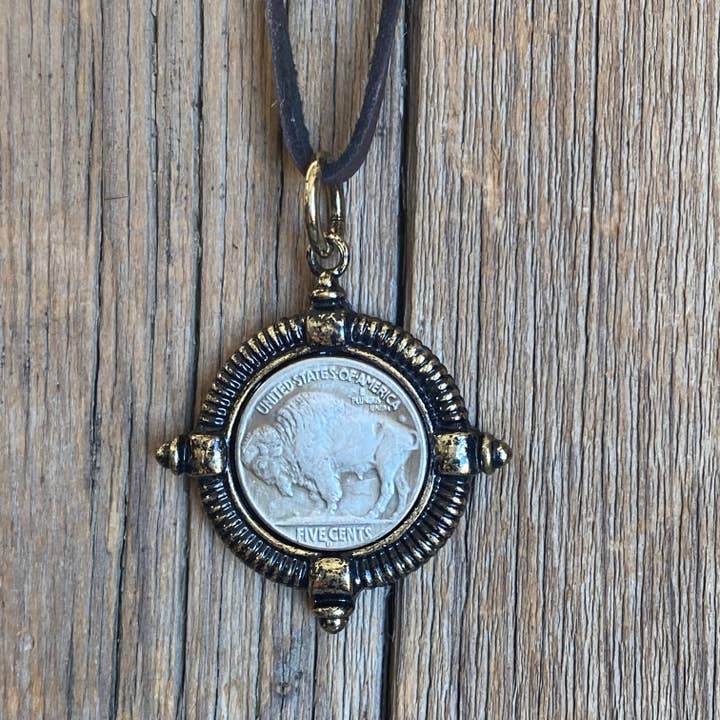 The Plains Buffalo Framed Nickel Leather Pendant for wholesale by Cool Water Jewelry