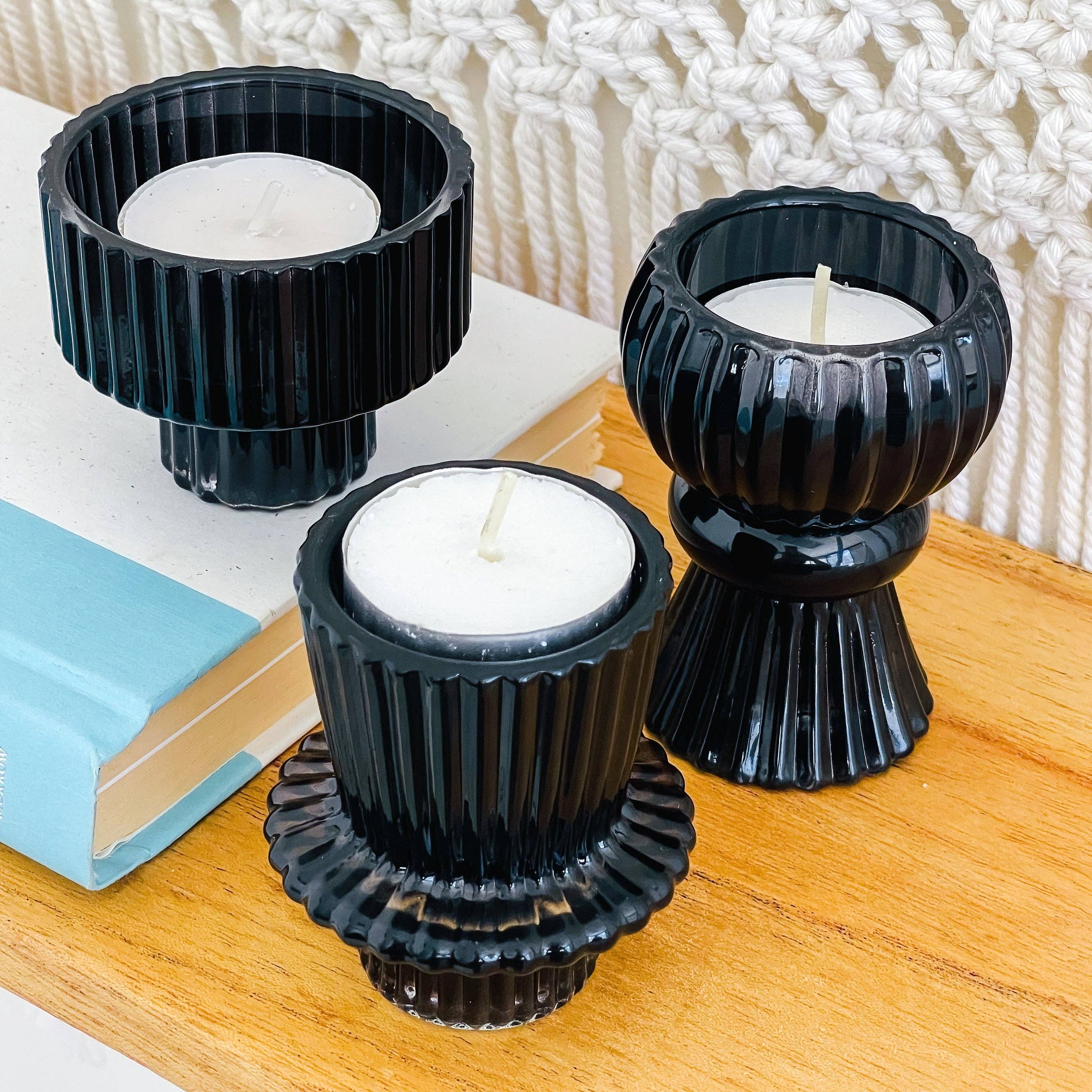 Kate Aspen - Wholesale Candle Holder - Vintage Ribbed Black Glass Candle/Candlestick Holders Set of6