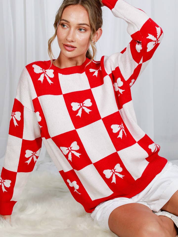 Camisola de Malha Jacquard com Estampa de Laço em Tabuleiro de Xadrez VT60616C por atacado de Vine & Love