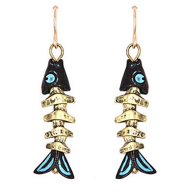 0011 PREMIERE - Wholesale Dangle Earrings - FR3229 Patina_Brass 3D Fish Bone Skeleton Metal Earrings
