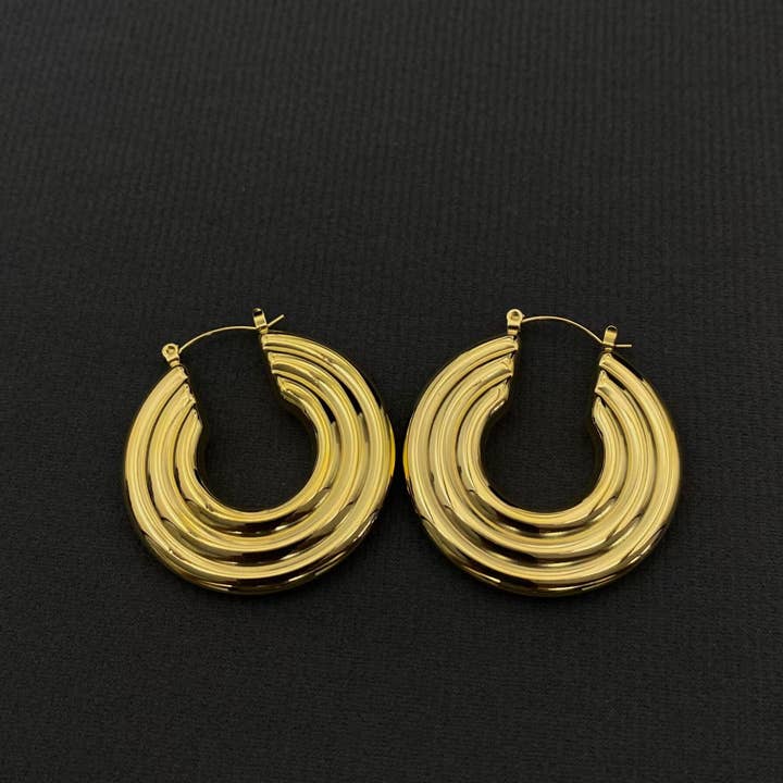 Glossy 3 Layered Tubular 18K Golden SS Hoop Earrings - FGS for wholesale by Mio Queena