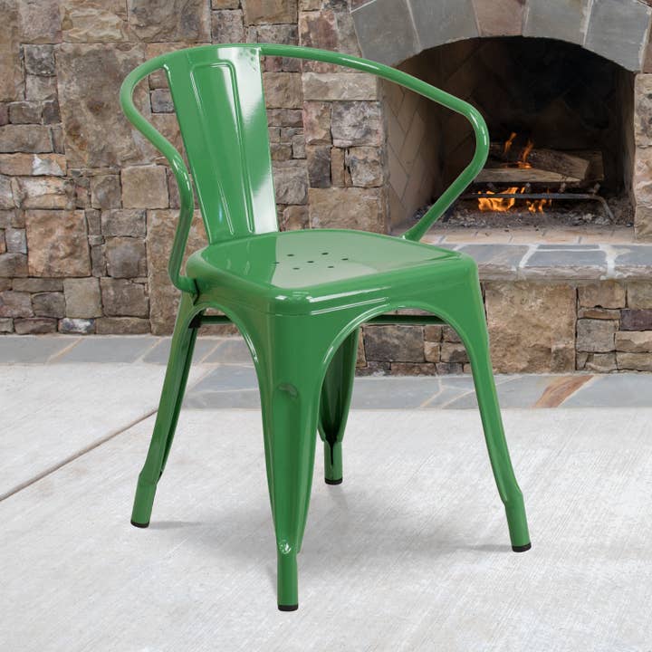 Green Metal Indoor-Outdoor Chair with Arms for wholesale by Flash Furniture